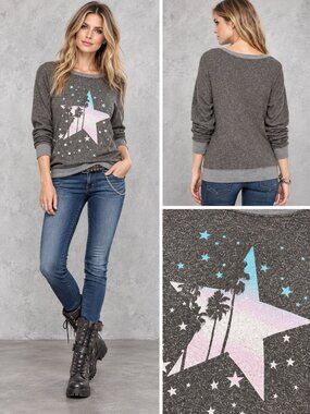 Wildfox Gray Pastel Star Palm Tree Graphic Crewneck Sweatshirt XS